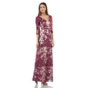 New! JS COLLECTIONS Women's Embroidered Lace Gown Dress Color Wine Rose